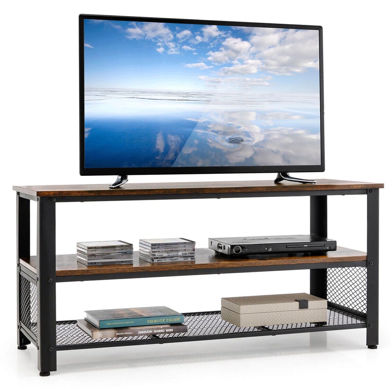 Industrial Entertainment Center with 3 Tier Metal Mesh Shelves